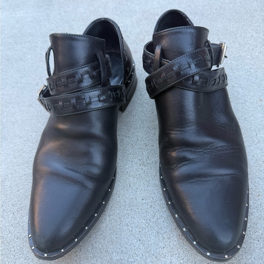 Freda Salvador Designer Black Leather Studded Moto Ankle Boots Women’s Size 5